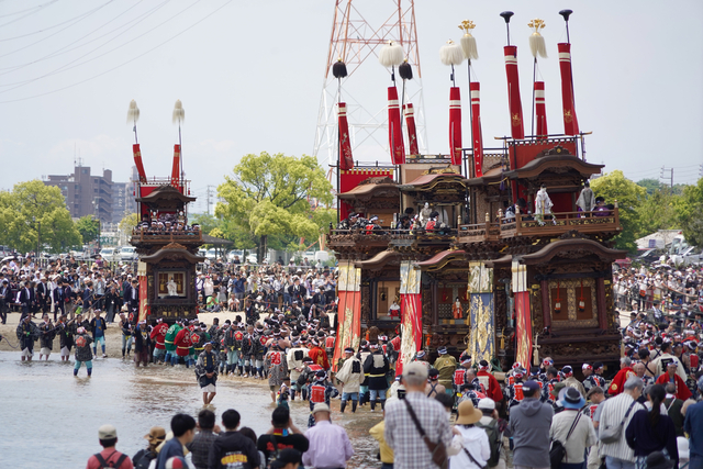 威勢よく海に向かって山車が突進　亀崎潮干祭、愛知・半田で開幕