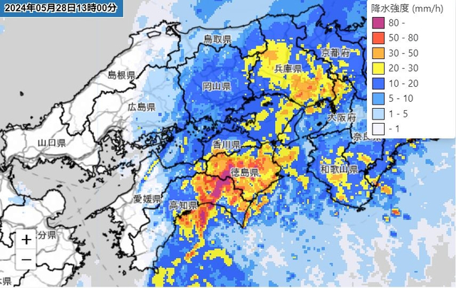 四国各地で大雨続く、愛媛県では5月の最大1時間降水量を更新