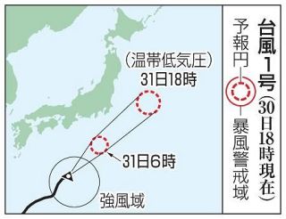 台風１号、３１日伊豆諸島に接近　土砂災害、河川の増水注意