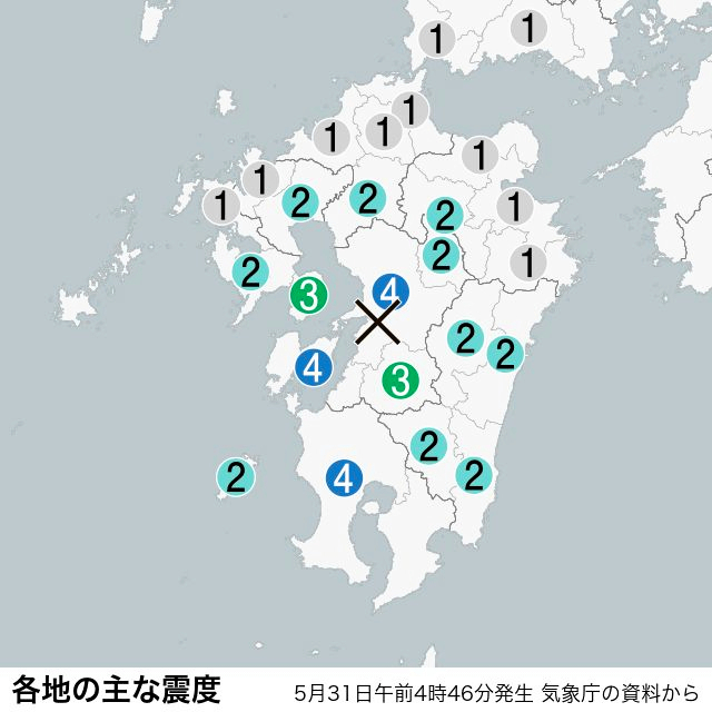 熊本と鹿児島で震度4、津波の心配なし