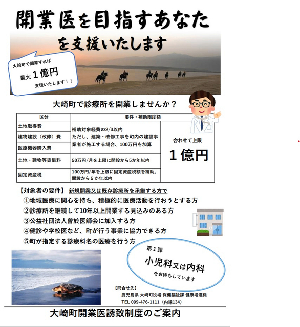 開業医に最大1億円の補助金　医師不足に悩む鹿児島の自治体