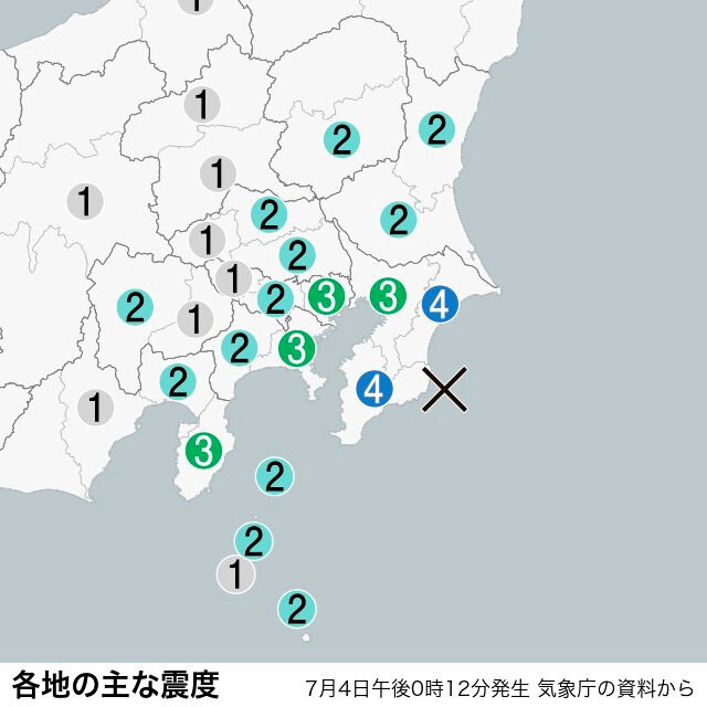 千葉北東部、南部で震度4　津波の心配なし