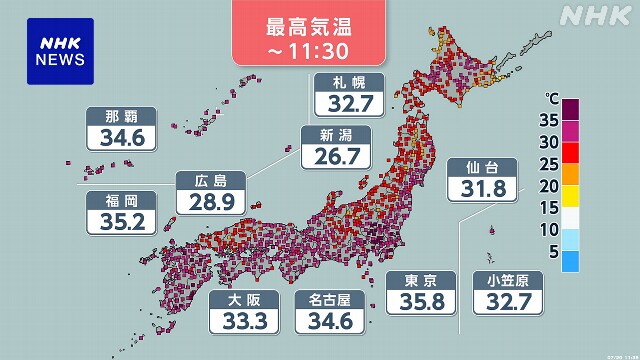 関東甲信各地で35度超の猛烈な暑さ 午後は激しい雨の見込み