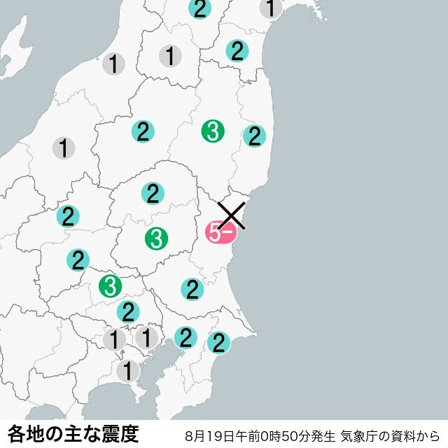 茨城県北部で震度5弱　津波の心配なし