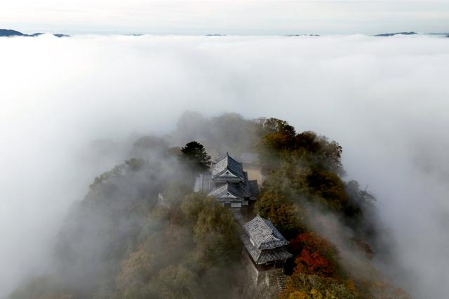 雲海が包み込み「天空の城」となった備中松山城をドローンで撮影