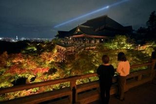 色づくモミジ、闇夜に淡く　京都・清水寺で試験点灯