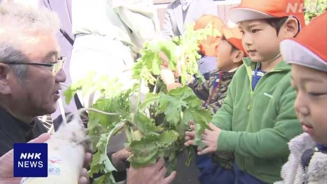 交通事故や特殊詐欺“大根絶” 園児が大根収穫し高齢者に 鳥取